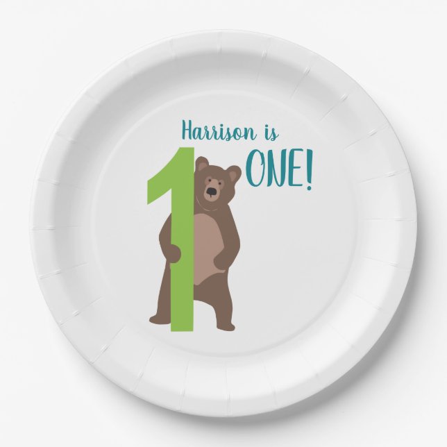 1st Birthday Modern Minimal Brown Bear Paper Plate (Front)