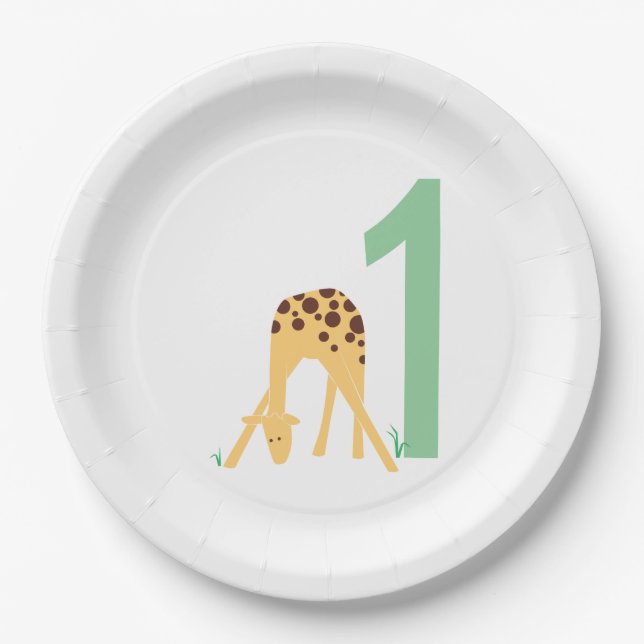 1st Birthday Modern Yellow Giraffe Paper Plate (Front)