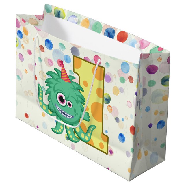 1st Birthday Monster Party Large Gift Bag (Front Angled)