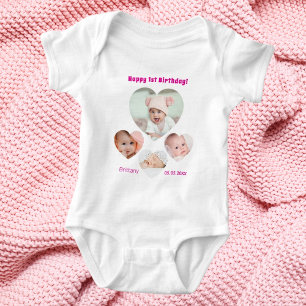 1st Birthday name age photo collage baby girl Baby Bodysuit