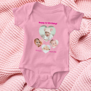1st Birthday name age photo collage baby girl pink Bodysuit