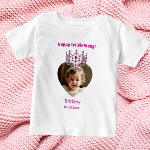 1st Birthday name age photo pink tiara baby girl Baby T-Shirt