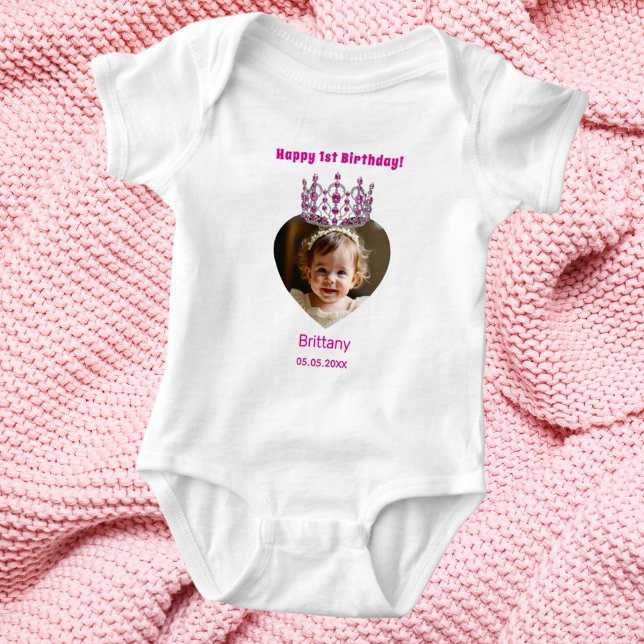 1st Birthday name age photo pink tiara baby girl Bodysuit (Creator Uploaded)
