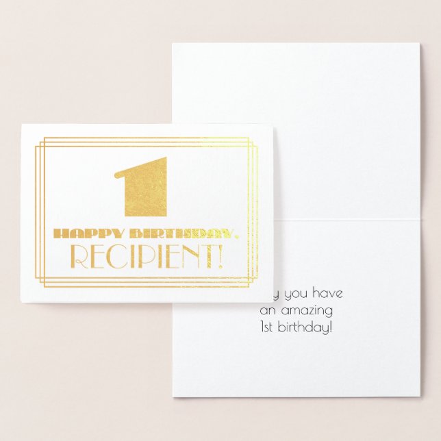 1st Birthday; Name + Art Deco Inspired Look "1" Foil Card (Display)