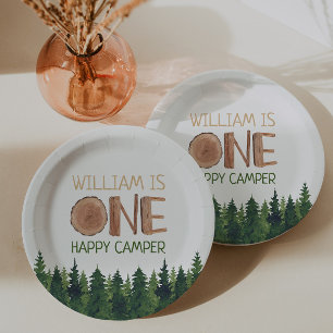 1st Birthday Name Watercolor One Happy Camper  Paper Plate