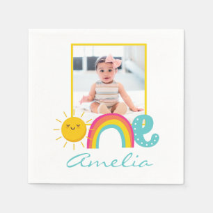 1st Birthday Napkins Custom Photo & Name Rainbow 