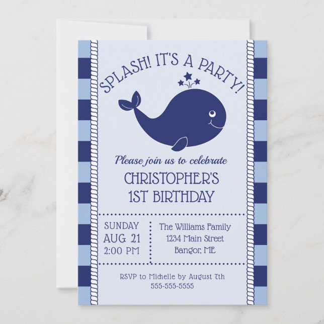 1st Birthday Nautical Blue Whale Blue Navy Stripes Invitation (Front)