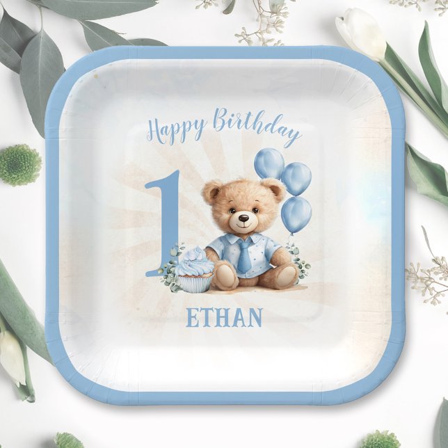 1st Birthday Number Bear Blue Square Paper Plates (1st Birthday Number Bear Blue Square Paper Plates)