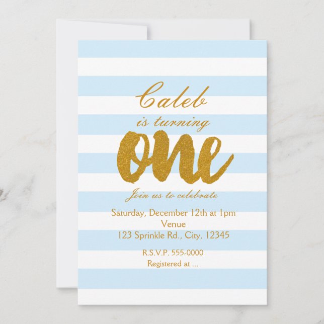 1st Birthday ONE Blue & White Stripes Invitation (Front)