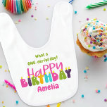 1st Birthday One-derful Day Colourful Candles Bib<br><div class="desc">1st Birthday Bib which you can personalise for your baby girl's first birthday with her name and your custom text. The wording currently reads "what a one-derful day" and you can edit this if you wish. The design has colourful candles lettered in cute and whimsical, groovy retro typography in pink,...</div>