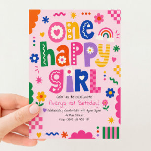 1st Birthday One Happy Girl Bright Colourful Invitation