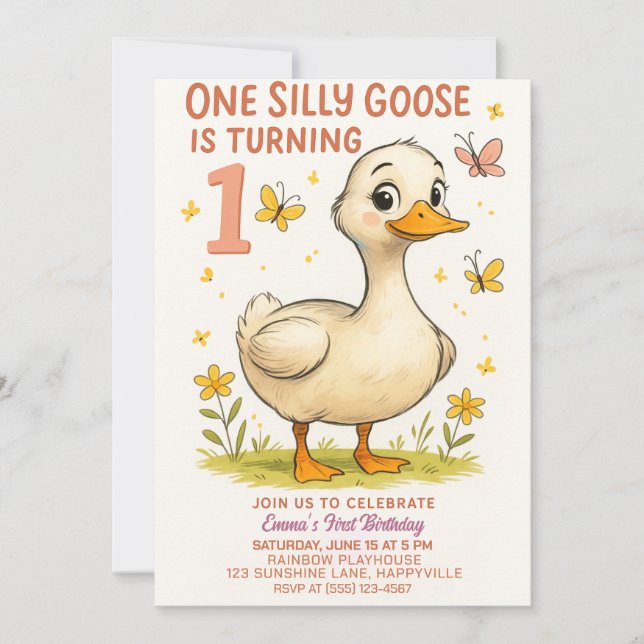 1st Birthday One Silly Goose for Baby Girl Invitation (Front)