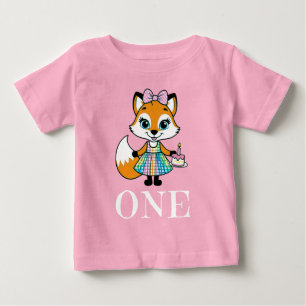 1st Birthday One Today Cute Fox Dress And Bow Pink Baby T-Shirt