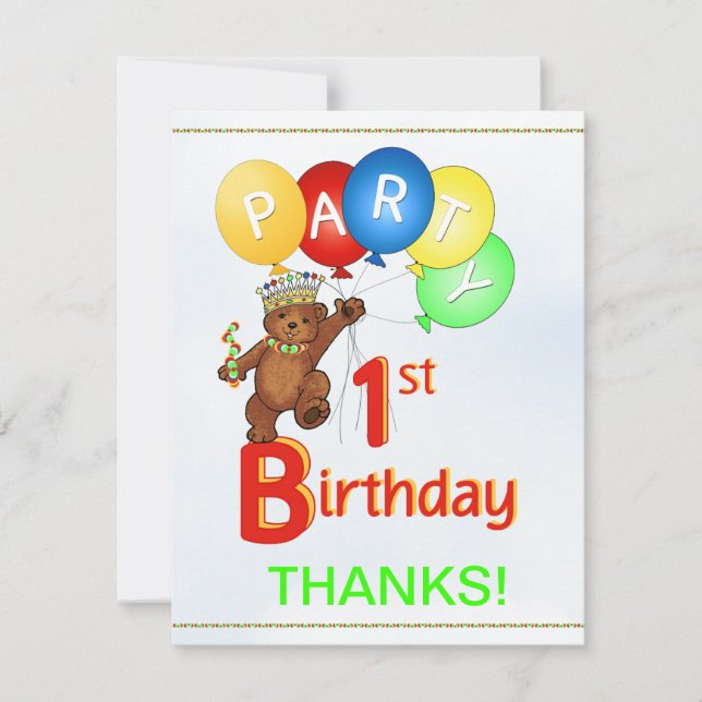 1st Birthday Party BearThank You Invitation (Front)