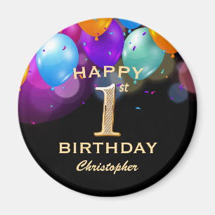 1st Birthday Party Black and Gold Balloons Magnet