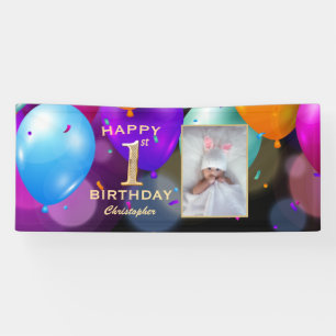 1st Birthday Party Black and Gold Balloons Photo Banner