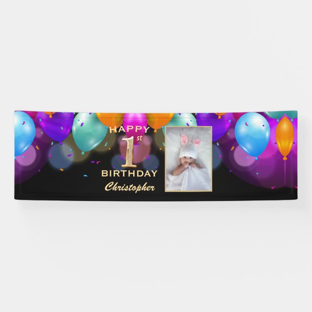 1st Birthday Party Black and Gold Balloons Photo Banner (Horizontal)