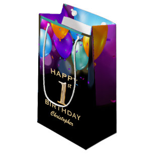 1st Birthday Party Black and Gold Balloons Small Gift Bag