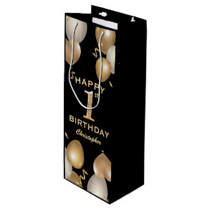 1st Birthday Party Black and Gold Balloons Wine Gift Bag