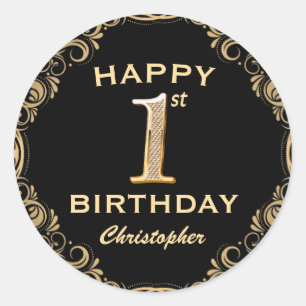 1st Birthday Party Black and Gold Glitter Frame Classic Round Sticker