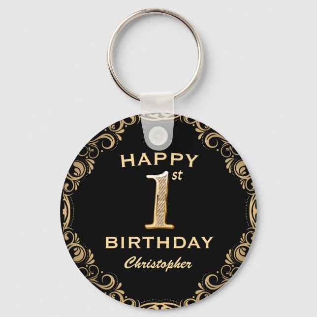 1st Birthday Party Black and Gold Glitter Frame Key Ring (Front)
