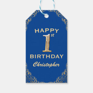 1st Birthday Party Blue and Gold Glitter Frame Gift Tags