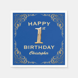 1st Birthday Party Blue and Gold Glitter Frame Napkin
