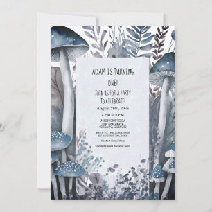 1st Birthday Party Blue Mushrooms Boho Woods 2024 Invitation