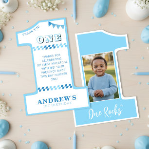 1st Birthday Party Boys Blue One Photo Thank You Card