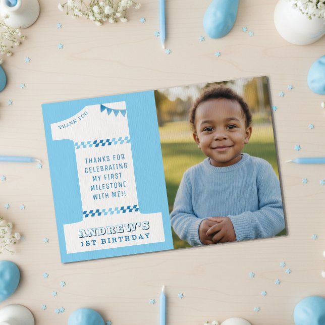 1st Birthday Party Boys Blue One Photo Thank You Card (1st Birthday Party Boys Blue One Photo Thank You Card
)