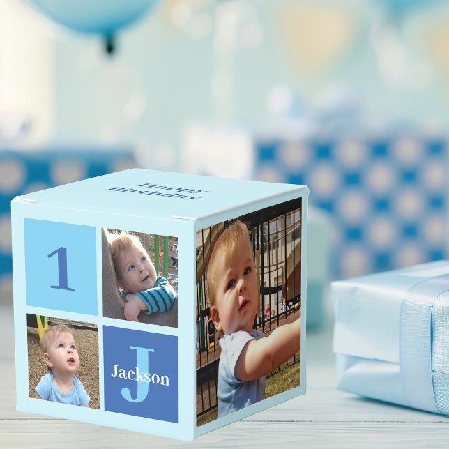 1st Birthday Party Boys Photo Collage Blue Favour Box (Creator Uploaded)