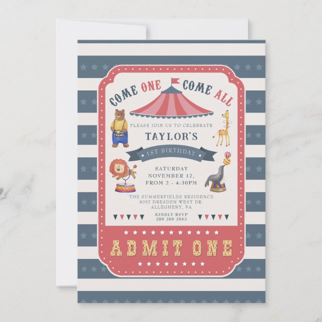 1st Birthday Party Circus Carnival Theme Invitation (Front)