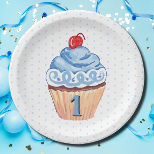 1st Birthday Party Cupcake Boys Blue Paper Plate