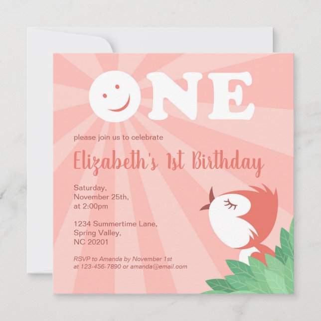 1st Birthday Party Cute Chick Bird Girl Summer Invitation (Front)
