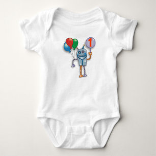 1st Birthday Party Cute Glossy Robot Baby Bodysuit