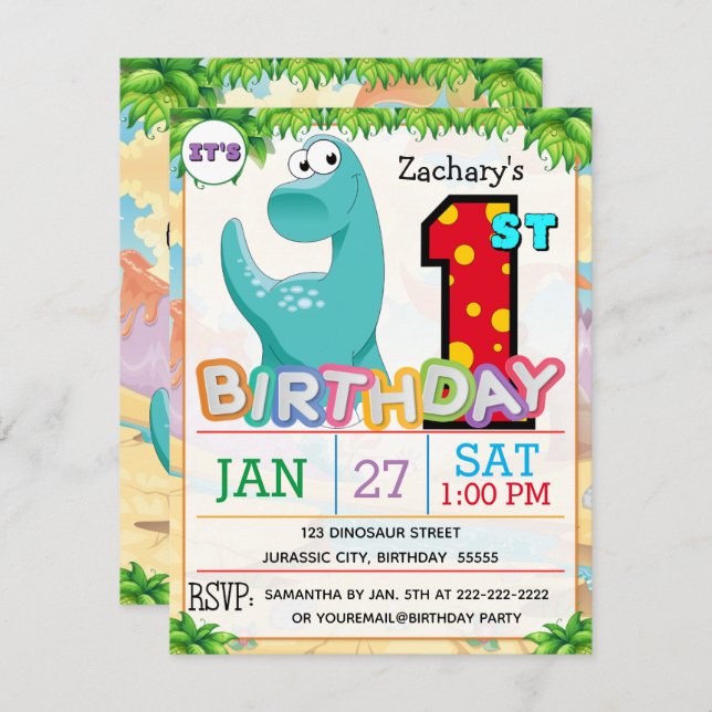 1st Birthday Party Dinosaur Invitation (Front/Back)