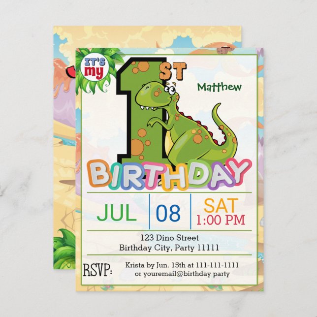 1st Birthday Party Dinosaur Invitation (Front/Back)