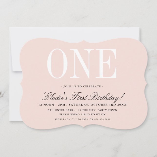 1st BIRTHDAY PARTY elegant baby pink girl ONE Invitation (Front)