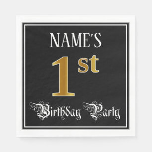 1st Birthday Party — Fancy Script, Faux Gold Look Napkin