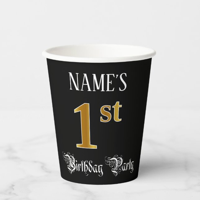 1st Birthday Party — Fancy Script, Faux Gold Look Paper Cups (Front)