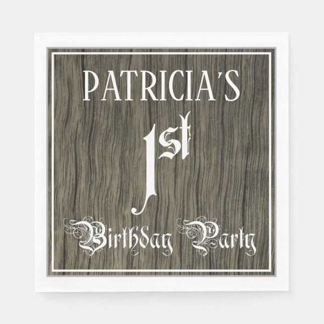 1st Birthday Party — Fancy Script, Faux Wood Look Napkin (Front)