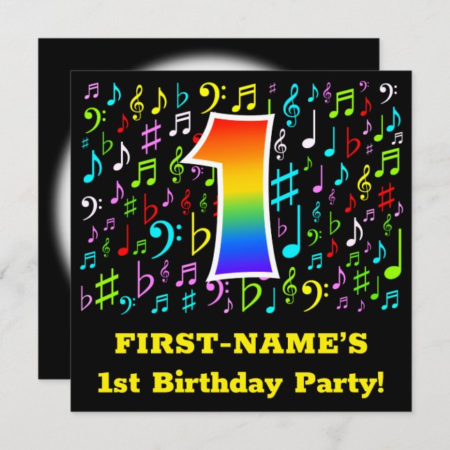 1st Birthday Party: Fun Music Symbols, Rainbow 1 Invitation (Front/Back)