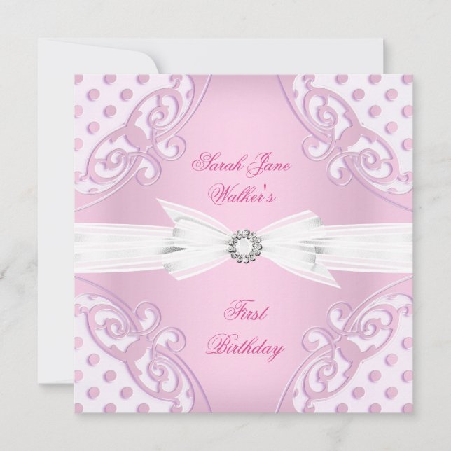 1st Birthday Party Girl Pink White Polka Dot bow Invitation (Front)