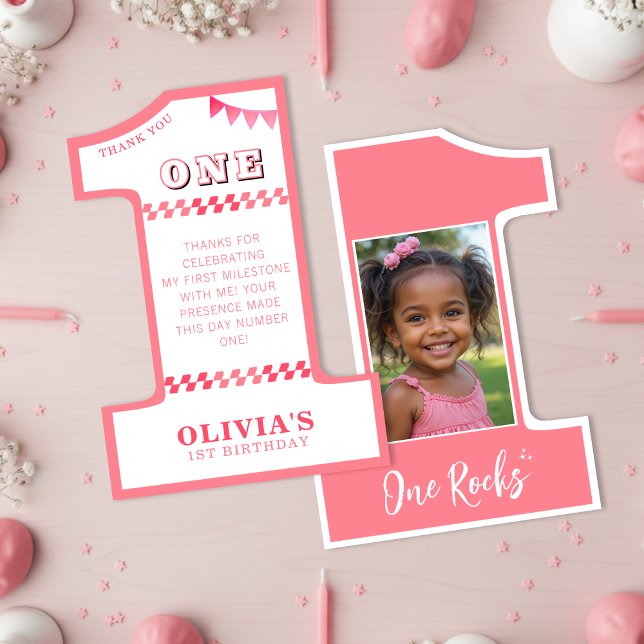 1st Birthday Party Girls Pink One Photo Thank You Card (1st Birthday Party Girls Pink One Photo Thank You Card
)
