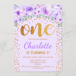1st Birthday Party - Gold Purple Invitation