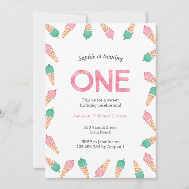 1st Birthday Party | ice cream invitation (Front)