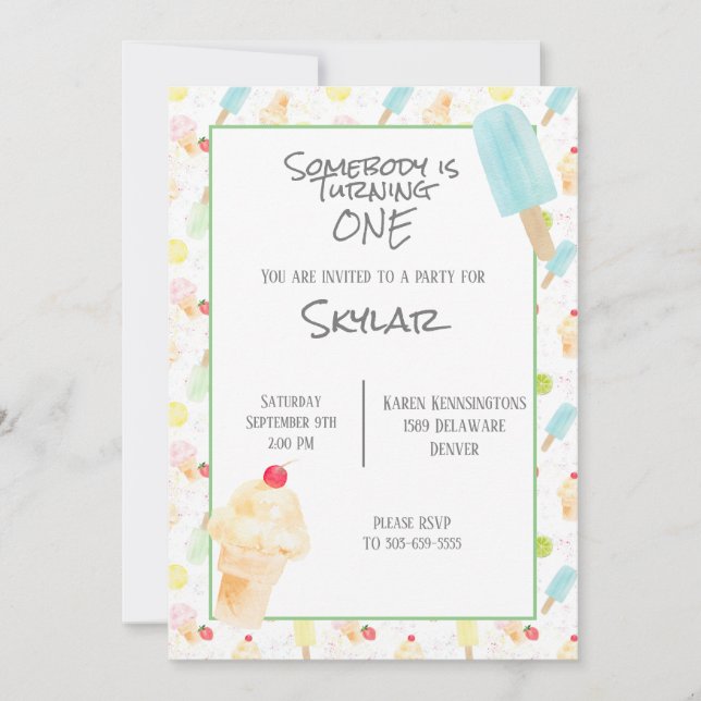 1st Birthday Party Ice Cream Invitation (Front)