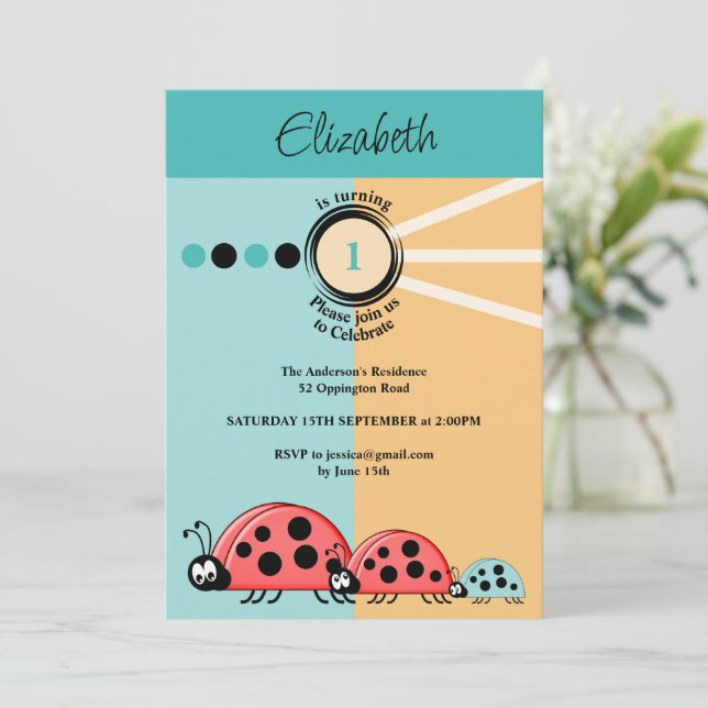 1st Birthday party ladybugs green orange celebrate Invitation (Standing Front)