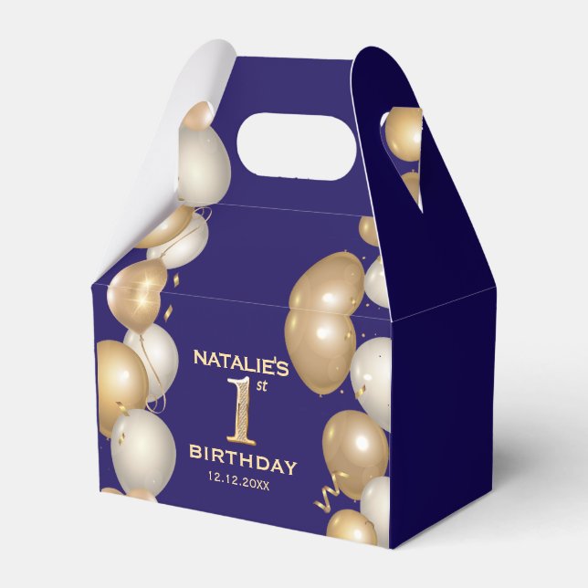 1st Birthday Party Navy Blue and Gold Balloons Favour Box (Front Side)