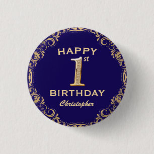 1st Birthday Party Navy Blue and Gold Glitter 3 Cm Round Badge